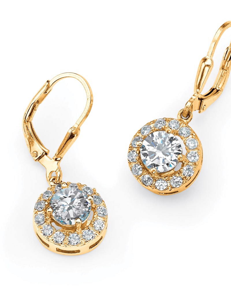 Front of a size One Size 2.51 TCW Round Cubic Zirconia Halo Drop Earrings in White by PalmBeach Jewelry. | dia_product_style_image_id:333046